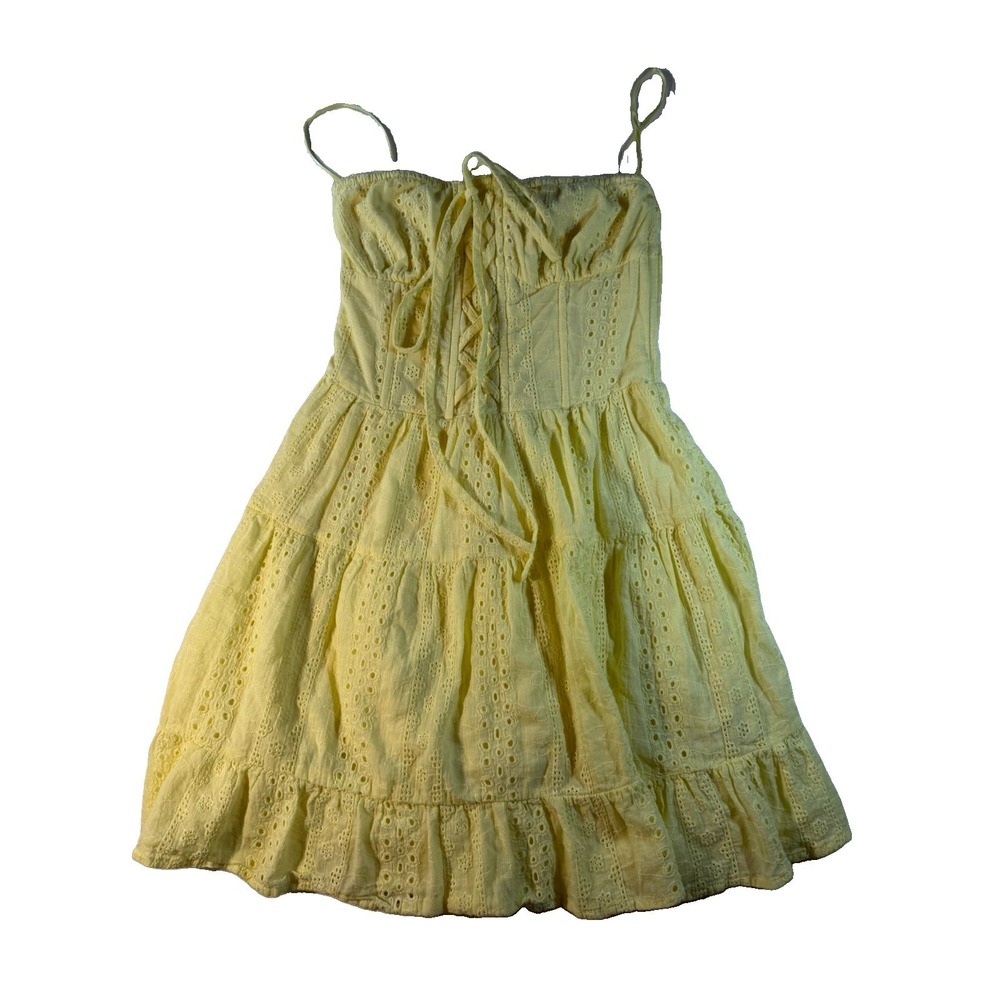 Edikted Dress Women's XS Yellow Eyelet Cotton Corset Laceup Cottagecore Mini
